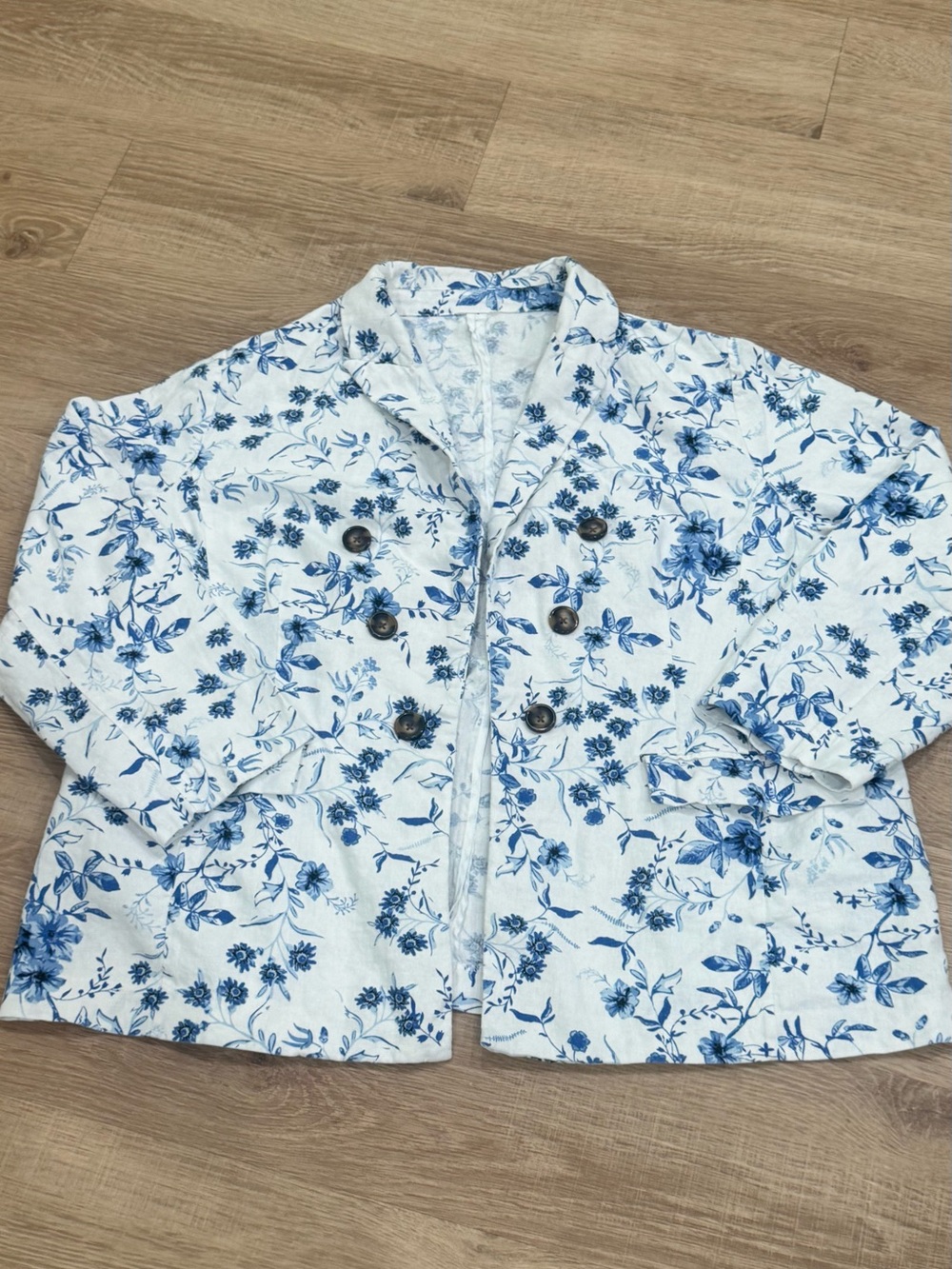 Blue White Floral Linen Blend Double Breasted Blazer Jacket Cottagecore